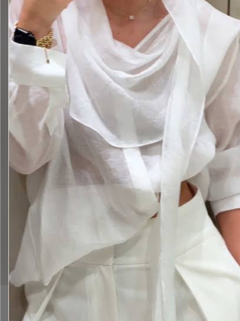 Zara White Sheer Draped Tie-Neck Blouse